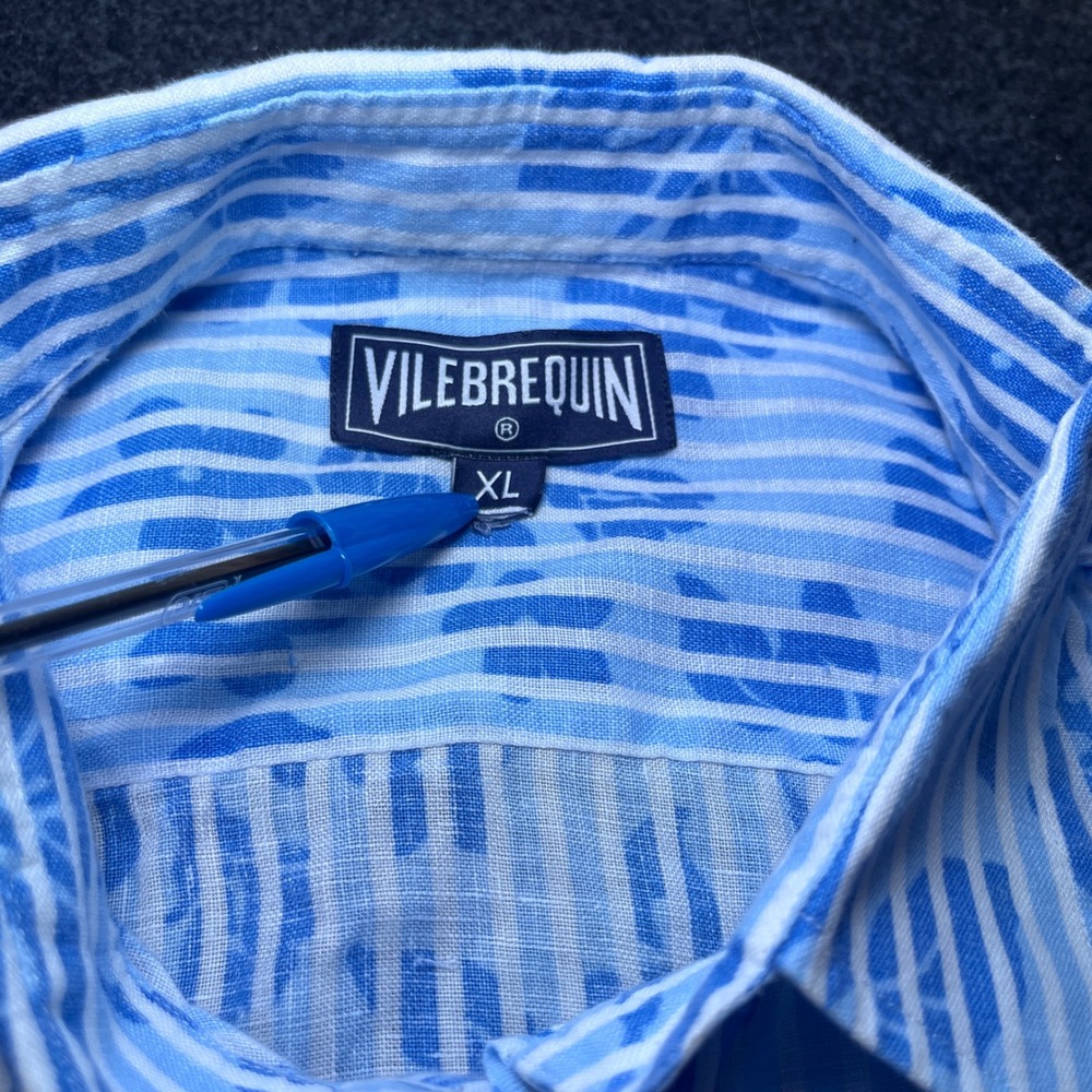Vilebrequin Button Down Mens XL Blue Excellent Linen Striped Floral Long Sleeve - Picture 2 of 11